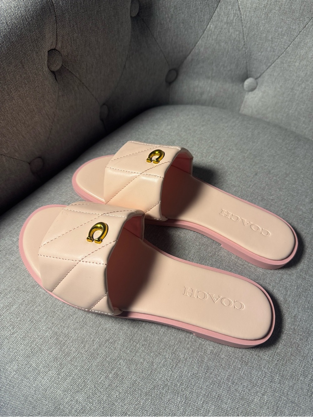 Coach Quilted Pale Pink Slide Sandals with Gold Accent